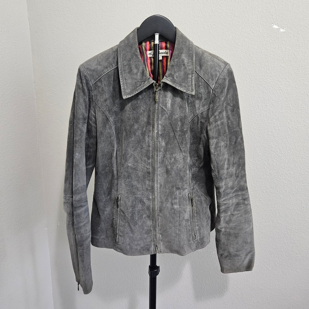Bushwacker Vintage Pig Suede Jacket Womens M Grey Zip Front Western Moto Leather